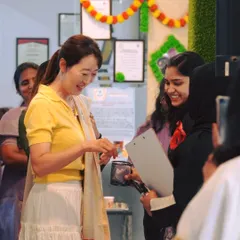 A candid moment of cultural exchange and friendship during our Onam celebrations. We encourage students to interact and practice their language skills in real, everyday situations.