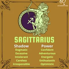 Sagittarius is a fire sign ruled by Jupiter, making them confident, adventurous, and optimistic. This infographic shows both the power and shadow traits of this energetic zodiac sign.