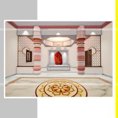 The interior of the Hanuman Mandir, showing the 'garbhagriha' (sanctum sanctorum) with decorative pillars and intricate floor patterns. The design creates a beautiful focal point for devotees.