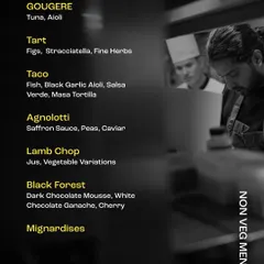 The non-vegetarian menu for my Hyderabad pop-up, featuring seven courses including a lamb chop and agnolotti with caviar.