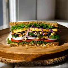 A close-up of our Thai Veggie Crunch Tofu Sandwich, perfectly layered and ready to be devoured. We've packed it with fresh veggies and crispy tofu for a satisfying and healthy meal, now available at a special price on Swiggy.