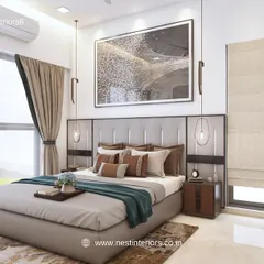 This 3D design for a master bedroom features a large statement artwork above the bed, flanked by elegant hanging lights. The neutral color palette and ample natural light create a serene and airy feel.