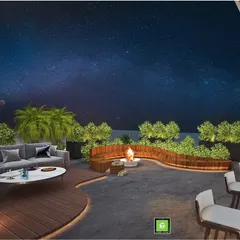 A 3D design for a Gurgaon terrace, featuring a curved seating area around a fire pit. The design uses wooden decking and raised planters to create a sophisticated rooftop lounge under the stars.