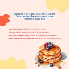 This graphic highlights what makes our cafe special. We focus on a joyful atmosphere, allergy-friendly options, healthy choices for kids, and fresh, locally sourced ingredients, all to create a welcoming dining experience.