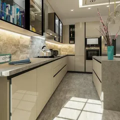 This view showcases the L-shaped layout of the modular kitchen, designed for an efficient workflow. The seamless countertop, marble-patterned backsplash, and built-in oven contribute to the kitchen's clean, modern look.