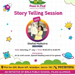 Here is an event poster for a storytelling session at a playschool in Noida. These events are more than just stories; they include an art and craft corner, a special reading area, and fun games to make learning a complete experience.