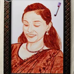 A delicate and expressive blood portrait of a young woman. The monochrome reddish-brown tones highlight her features and expression, creating a timeless piece of art.
