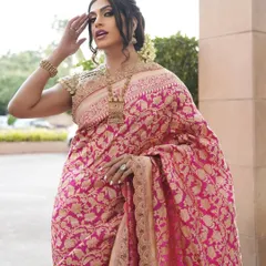 The gorgeous Sushant Divgikar in a traditional pink Banarasi saree. I created a classic Indian makeup look with defined eyes and a glowing complexion to match the elegance of the outfit.