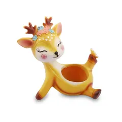 A close-up of the cheerful deer pot, showing the detailed craftsmanship. Made from high-quality resin, it's a durable and delightful home for your mini plants.