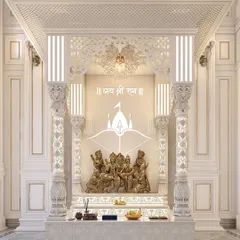 This stunning Ram Mandir render showcases how we blend grand spiritual architecture with modern luxury. The intricate white carving, majestic pillars, and soft, divine lighting create a powerful centerpiece for the home, designed to inspire devotion and tranquility.