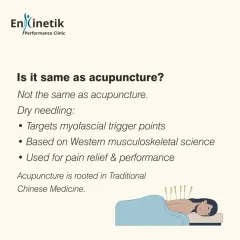 Is dry needling the same as acupuncture? No. While both use needles, dry needling is based on Western musculoskeletal science and targets myofascial trigger points for pain relief. Acupuncture is rooted in Traditional Chinese Medicine and focuses on energy flow.