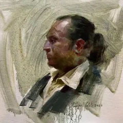A live demonstration portrait of a model with a ponytail, painted in oil on canvas. The focus was on capturing the profile and form with rapid, decisive brushstrokes in a limited time.