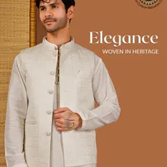 Elegance woven in heritage. A classic off-white textured Nehru jacket paired with a matching kurta for a timeless and clean look.