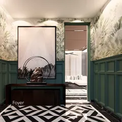 This foyer design for a grand villa uses bold bottle green wainscoting and a geometric marble floor to create an opulent and welcoming entrance.