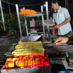 We cater to everyone. Here you can see our vegetarian Paneer Tikka grilling alongside non-veg seekh kebabs, ensuring all your guests have delicious, fresh options.