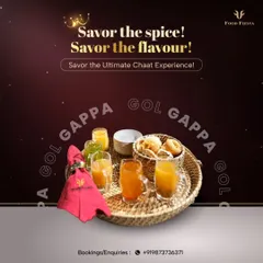 My signature Gol Gappa service. Crispy puris are elegantly arranged in a wicker basket alongside glasses of different flavoured waters, offering a sophisticated take on India's favourite chaat.
