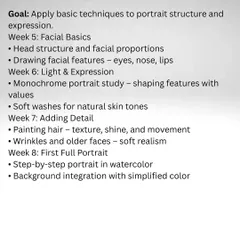 The curriculum for Month 2 of my 3-month course, where we dive into portraiture. We cover everything from facial proportions and skin tones to painting hair and wrinkles.