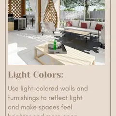 Using light colored walls and furnishings is another key strategy. These surfaces reflect light, making spaces feel brighter and more open, as seen in this airy outdoor gazebo.