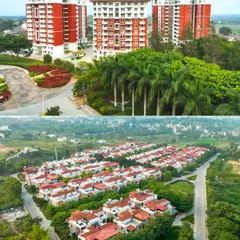 An expansive aerial view of Zuari Garden City in Mysuru, capturing both high-rise apartments and a large villa community. This demonstrates our expertise in showcasing large-scale residential real estate projects.
