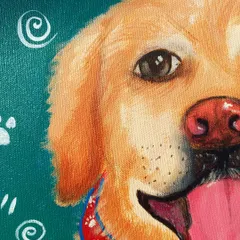 A detailed close-up of Nutty's face from the pet portrait. I focused on capturing the light in his eyes and his happy, panting expression.