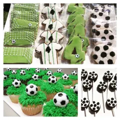 Themed desserts for a soccer party. Every treat, from the soccer ball cupcakes to the jersey-shaped cookies, was designed to score points with the guests.