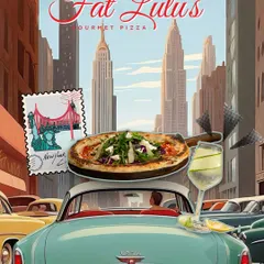 A vintage-style illustration of a car driving through New York with a pizza and a cocktail on top. I don’t just serve food, I serve a reason to celebrate.