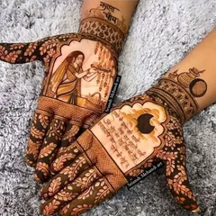 Words and art coming together. This custom Karwa Chauth mehndi includes a heartfelt poem alongside the traditional scene of a woman with her thali and the moon. Your feelings, your design.