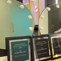 My collection of trophies from the WeddingSutra Influencer Awards. Each one represents a year of hard work, creativity, and the trust of my beautiful brides.