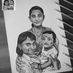 A beautiful family portrait of a mother with her children, created using graphite and charcoal on A3 paper. The black and white style emphasizes their expressions and the loving bond between them.