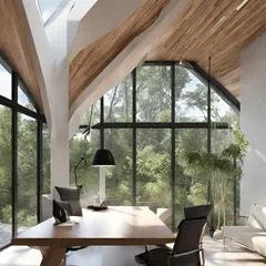 An office designed to be a wellspring of inspiration. The vaulted wooden ceilings and expansive glass walls frame a breathtaking view of nature, creating a space that promotes focus, deep work, and creative thinking.