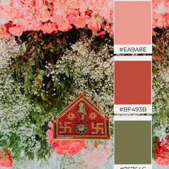 A color palette that speaks of soft romance and tradition. This mood board combines gentle pinks with a touch of rustic red and olive green, inspired by a floral canopy and a traditional decorative element.