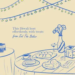 Host your Diwali party effortlessly with treats from my kitchen. This graphic illustrates the festive table I can help you create, filled with crowd-pleasing snacks, cakes, and pastries to impress your guests.