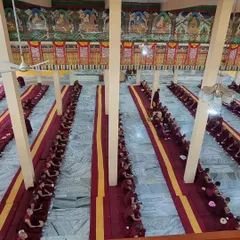 A view of the vast prayer hall during a ceremony at Sera Jey Monastery, filled with the Sangha community engaged in collective practice. This image captures the scale and serene dedication of monastic life.