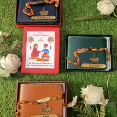 Our Rakhi combo featuring a personalized name wallet and a matching Rudraksha name rakhi. It's a very popular and thoughtful gift for brothers.