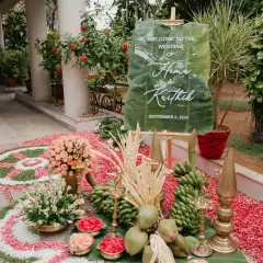 For Hema and Karthik's traditional Tamil wedding, we designed this welcome board on a large banana leaf. It's a perfect example of how we incorporate cultural elements into our designs for an authentic touch.