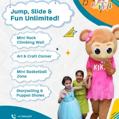 Jump, slide, and have unlimited fun with us! This poster shows our mascot Kiki with some happy guests, highlighting our mini rock climbing wall, art and craft corner, and other exciting activities.