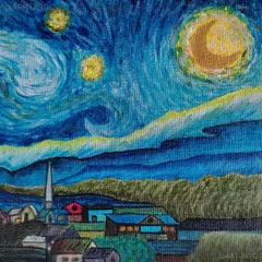 A close-up of the "Starry Night" painting, focusing on the village and the swirling sky.