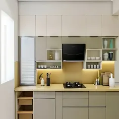 A compact L-shaped kitchen that uses a clever mix of open and closed storage to feel spacious. The two-tone cabinet colors and under-cabinet lighting create depth, while the layout keeps everything within easy reach.