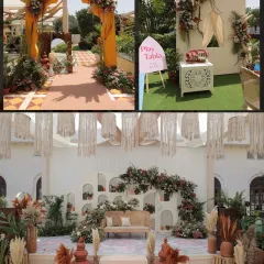 A boho-themed Haldi entrance and stage at Hyatt Regency Jaipur. I used an earthy color palette, macrame hangings, and pampas grass to create a free-spirited and rustic vibe.