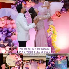 A collage capturing the heart of Shanvi's first birthday: a tiny princess surrounded by her loving family, celebrating a day filled with fairytale magic that they will cherish forever.