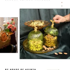 Our luxury return favours are more than just gifts; they are memories your guests or clients will cherish. This set showcases our elegant green glass jars filled with premium almonds, perfect for anniversaries, poojas, or corporate milestones.