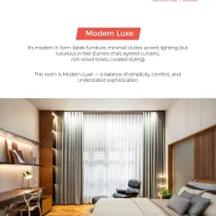 For a Modern Luxe feel, we focus on sleek forms and luxurious touches. This room combines minimalist furniture with layered curtains, rich wood, and curated accent lighting for an atmosphere of understated sophistication.