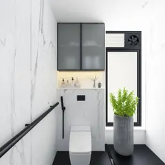 The WC area in the modern bathroom, featuring a wall-mounted toilet, a frosted glass cabinet for storage, and a large potted plant for a touch of green.