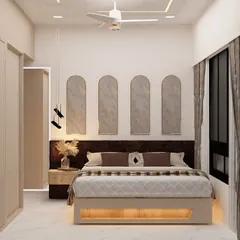 A bedroom concept showing a sleek, floor-to-ceiling wardrobe that blends seamlessly with the wall, paired with elegant arched wall panels.