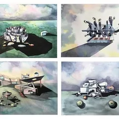 This series of watercolors by Kurma Nadham draws us into thoughtful, surreal landscapes. The artist creates other-worldly structures that feel both architectural and organic, sparking the viewer's imagination.