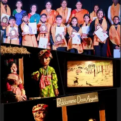 A collage from our festival, featuring a performance of 'Peddamma Dosa Angadi' and the young artists who participated. We are passionate about nurturing the next generation of puppeteers.