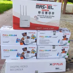 This kit includes a Mas-Tel 4G+ router, which provides internet using a SIM card. It's paired with CP Plus full-color cameras, perfect for locations without a wired internet connection.