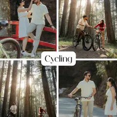 A collage showcasing a fun and active pre-wedding shoot theme: cycling through a beautiful, sun-dappled forest.