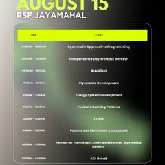 This is the detailed schedule for Day 1 of our Professional Development Camp at RSF Jayamahal. We cover a systematic approach to programming, plyometric development, hands-on techniques like myofascial release, and a deep dive into ACL rehab.