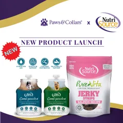 We're always bringing you the latest in pet nutrition. Our new launches from NutriSource include protein-packed Salmon Jerky Strips and hydrating Come-pooch-a bone broths, perfect as a healthy snack or meal topper.